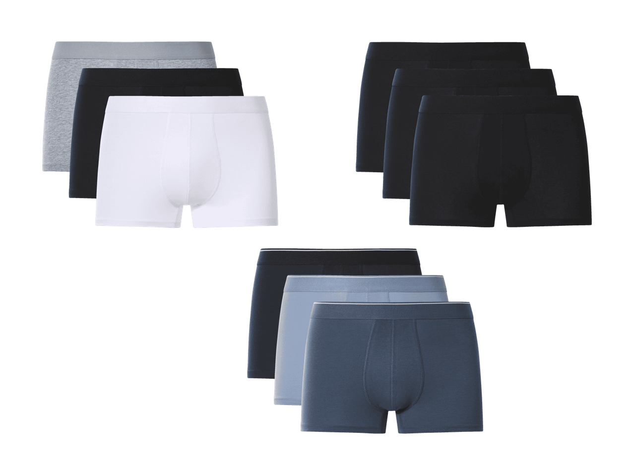Lot de boxers pour hommes en gris, noir, blanc et différentes nuances de bleu.