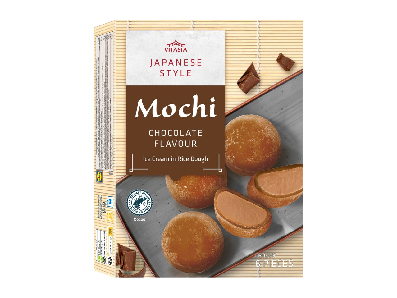 Japanese-style chocolate mochi ice cream in rice dough, frozen, 6 pieces.
