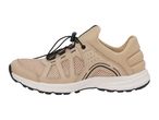 Beige and black athletic shoe with mesh panels and a quick-lace system.