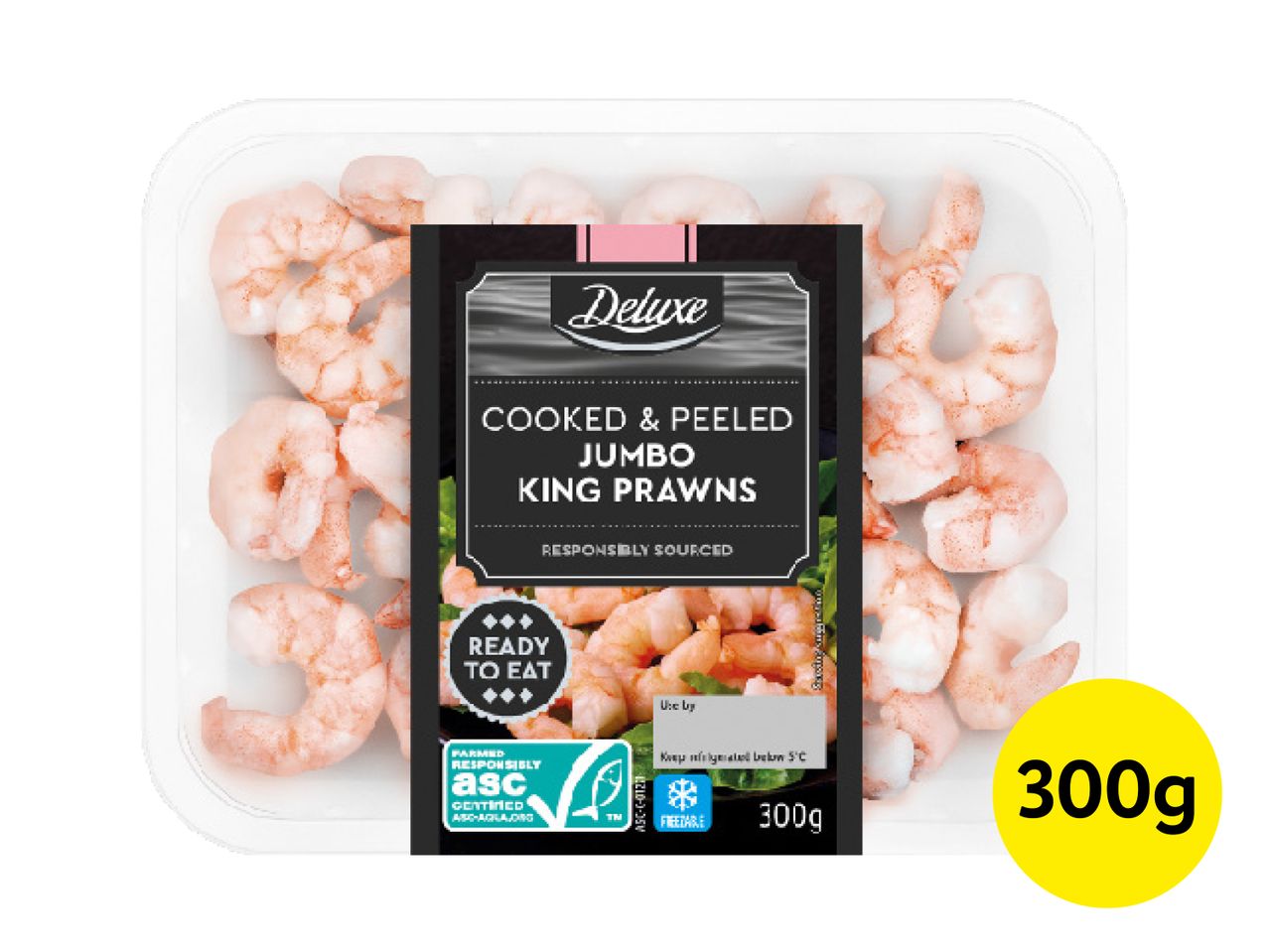 A tray of cooked and peeled jumbo king prawns with a black and white label.