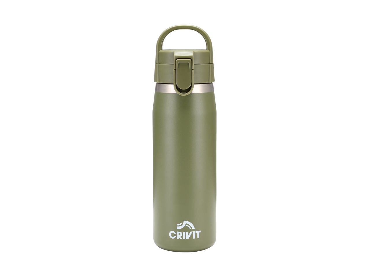 Olive green insulated stainless steel water bottle with a flip-top lid and carrying handle.