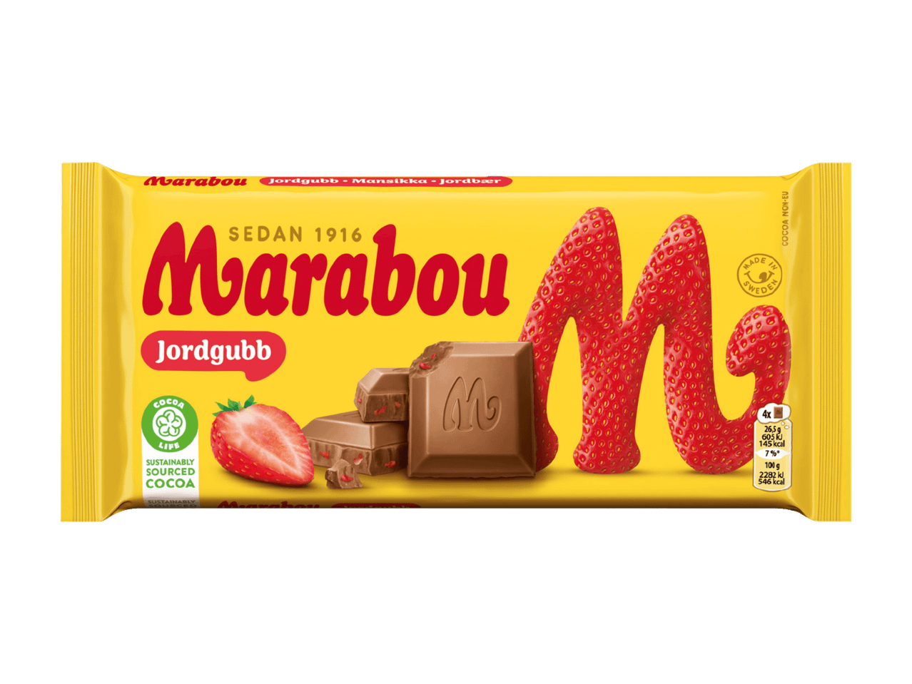 Marabou-suklaapatukka, maku jordgubb (mansikka).
