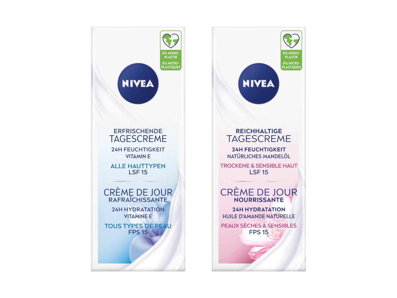 Crèmes de jour Nivea visage, peaux normales et sèches.