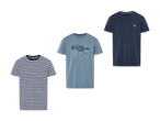 Drei Jungen-T-Shirts in Hellblau, Grau und Dunkelblau.