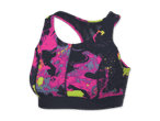 Sport-BH mit abstraktem Muster in Pink, Schwarz und Gelb.