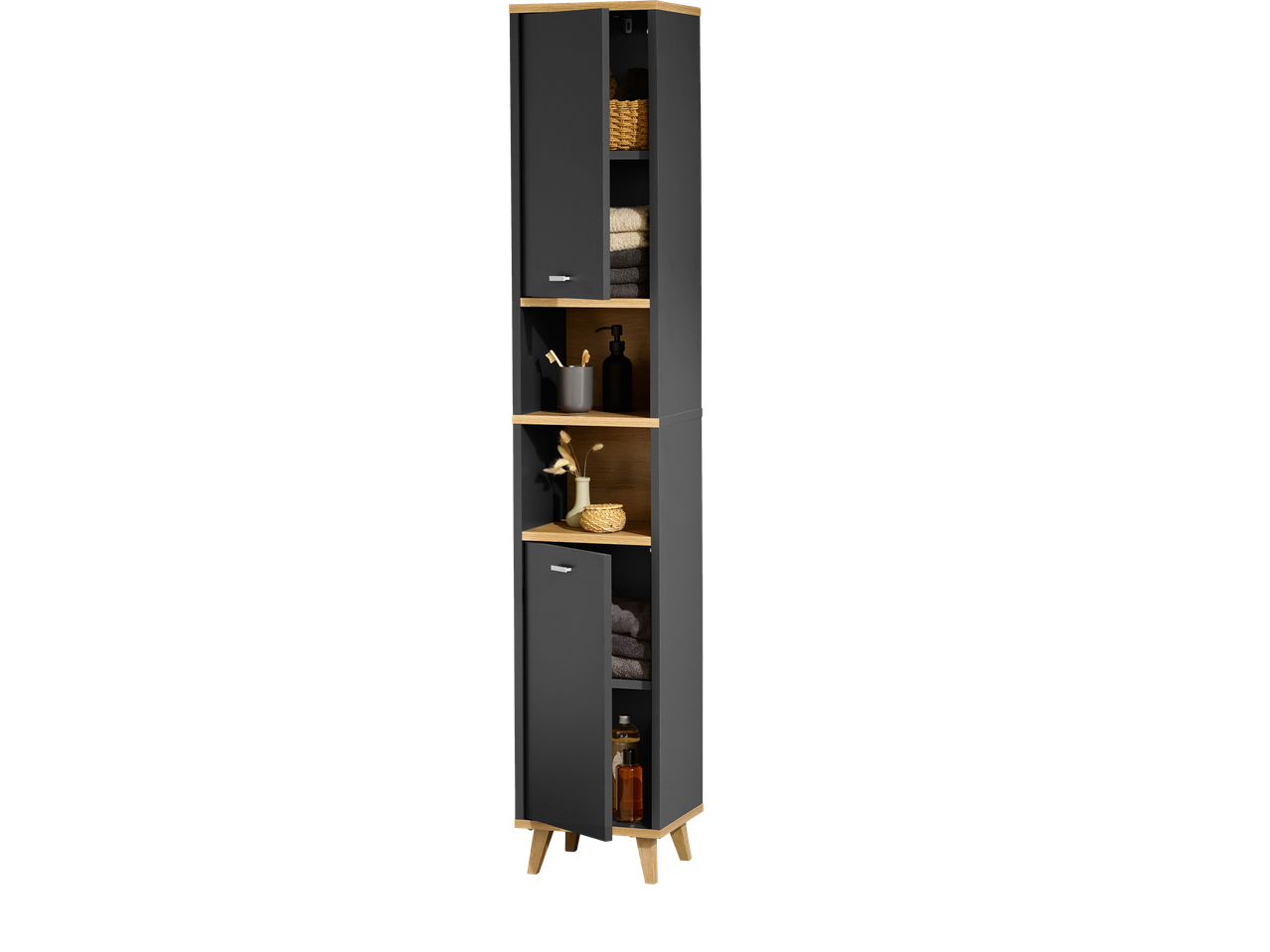 Tall gray bathroom cabinet with wooden shelves and legs, containing towels and toiletries.