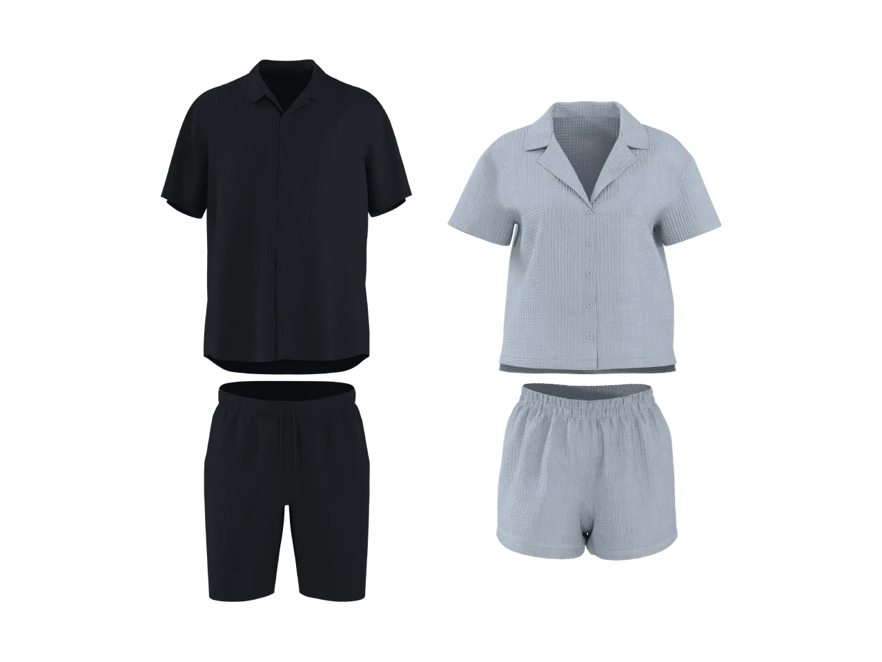 Deux ensembles de pyjamas en mousseline, un noir et un bleu clair, avec chemises et shorts.
