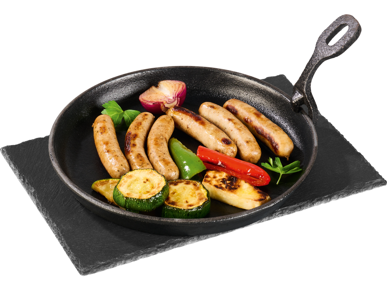 Grillitud vorstid köögiviljadega (suvikõrvits, paprika, sibul) malmpannil.