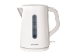 White electric kettle with a water level indicator and a handle.