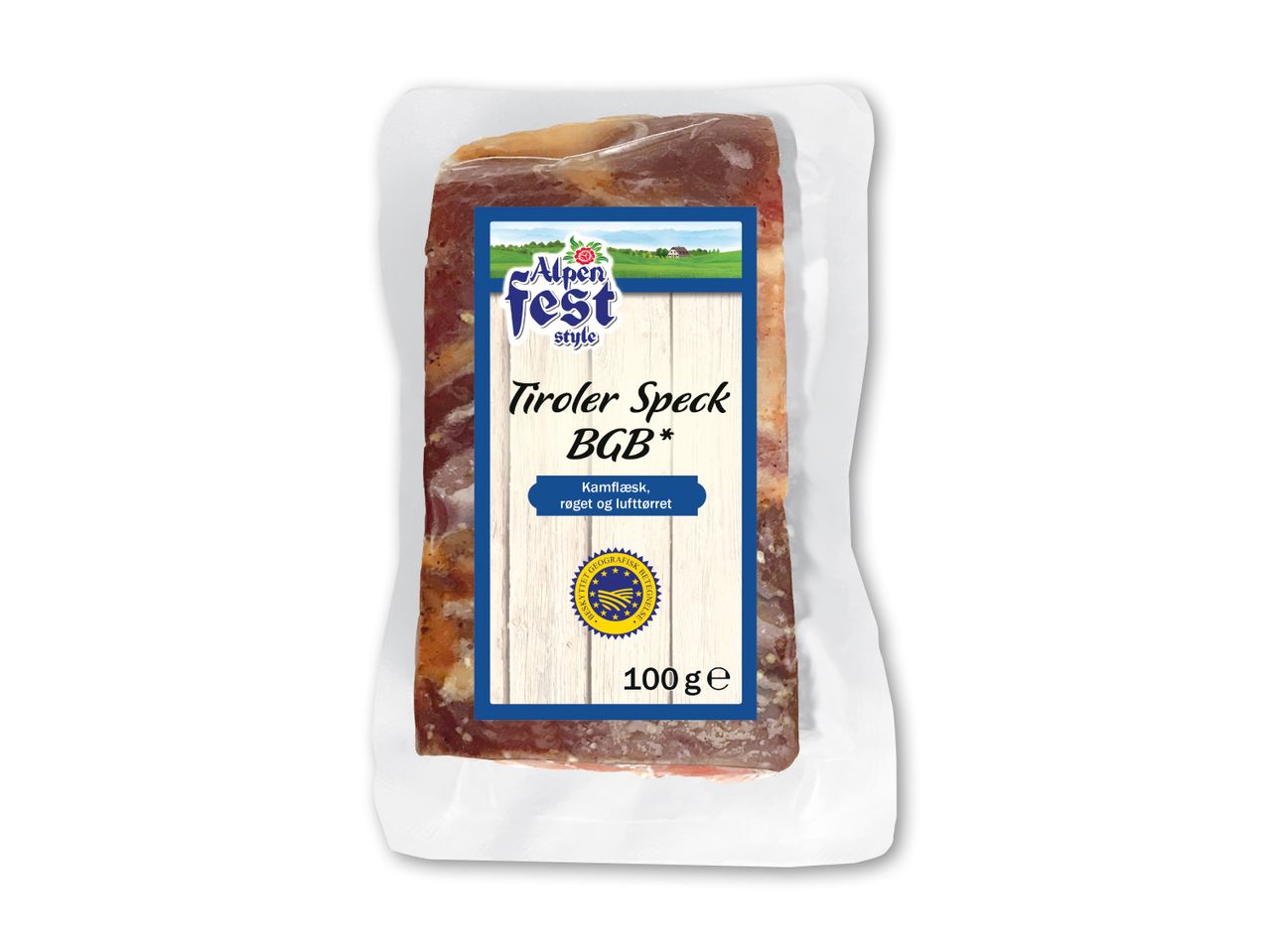 Vakuumforseglet pakke med røget og lufttørret Tiroler Speck, 100g.