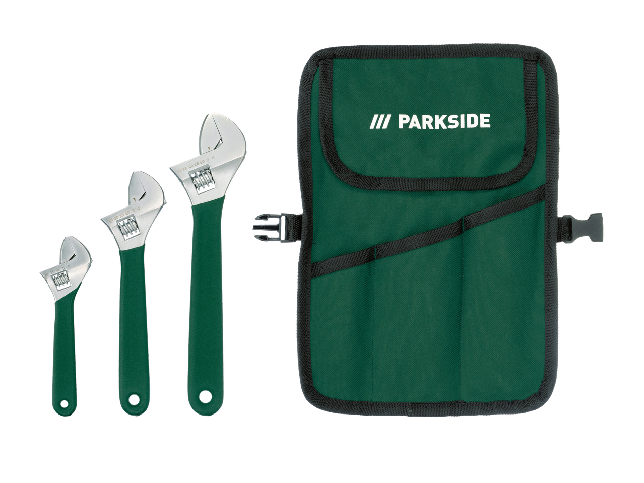 Conjunto de três chaves ajustáveis com uma bolsa de armazenamento verde.