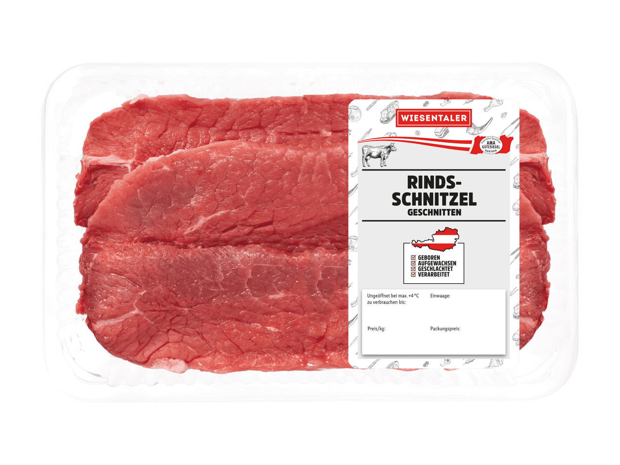 Verpacktes Rindfleisch, Rindsschnitzel geschnitten, mit Herkunftsangaben aus Österreich.