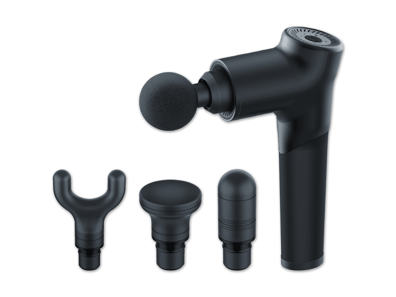 Massagepistole mit vier verschiedenen Aufsätzen