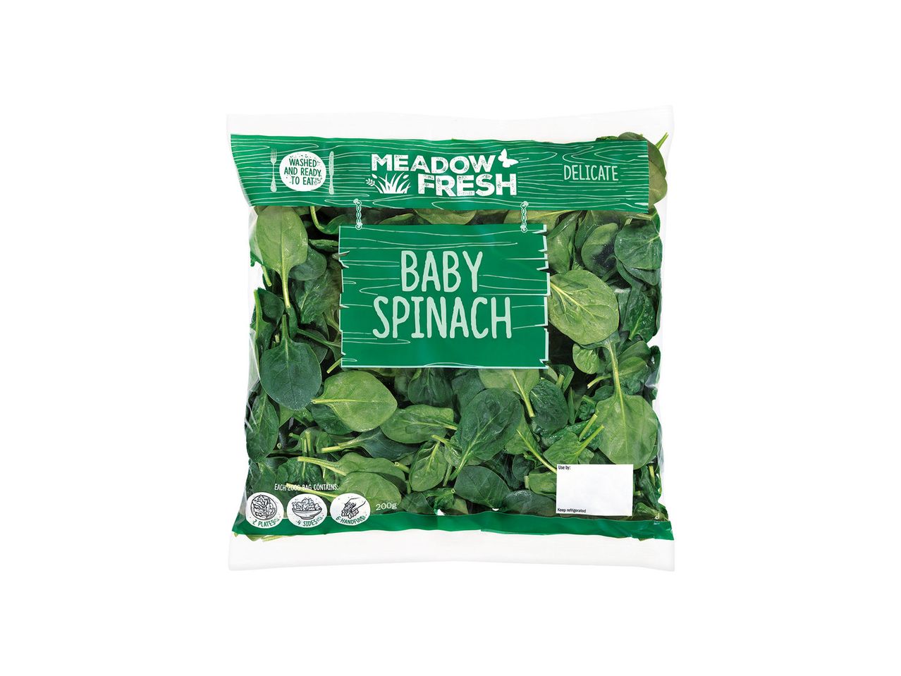 Meadow Fresh baby spinach: bag of fresh, washed spinach.