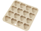 A beige silicone mold with 18 heart-shaped cavities.