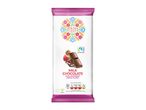 A bar of Moo Free organic milk chocolate with raspberries.