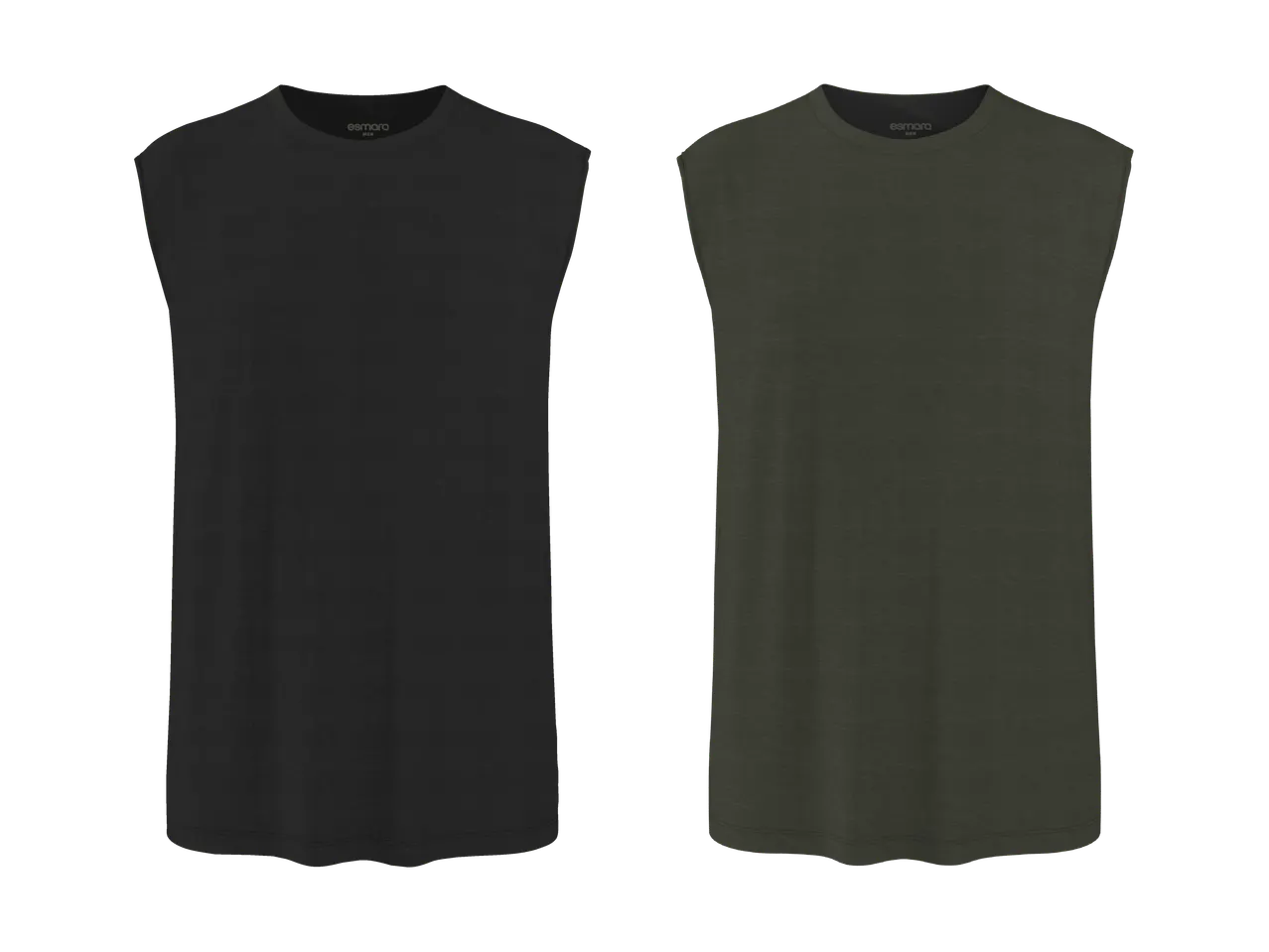 Deux débardeurs pour hommes, un noir et un vert foncé, sur fond noir.