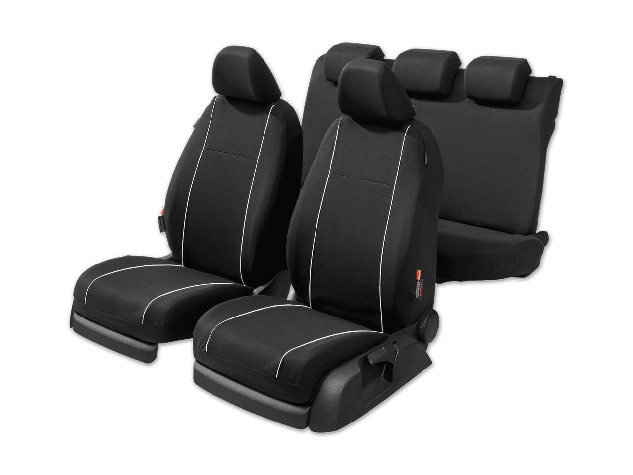 Schwarze Autositzbezüge mit weißen Zierstreifen für Vorder- und Rücksitze