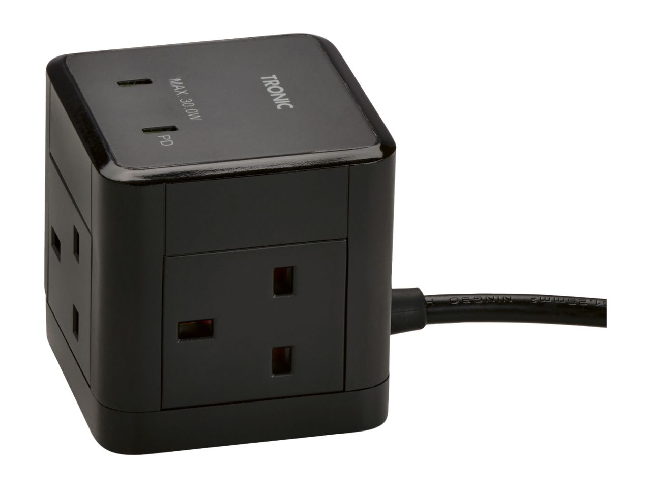 A black Tronic power cube with multiple outlets and USB-C PD ports, connected to a power cable.