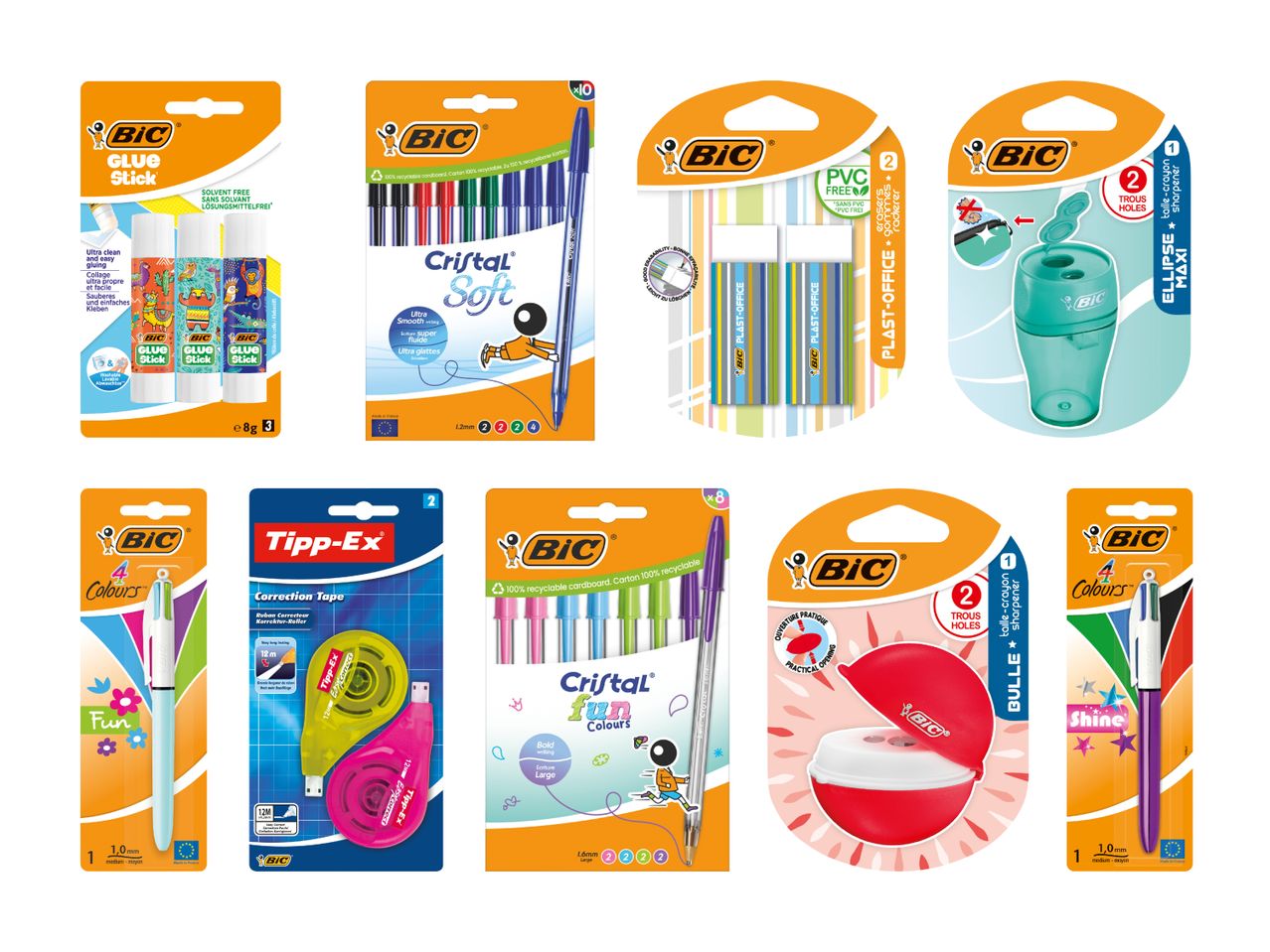 Assortiment de fournitures scolaires Deli: stylos, crayons, taille-crayons et autres accessoires.