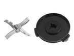 Silver blender blade and black blender lid on a white background.
