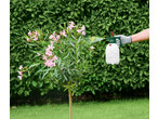 Gloved hand spraying a plant with pink flowers with a Parkside garden sprayer