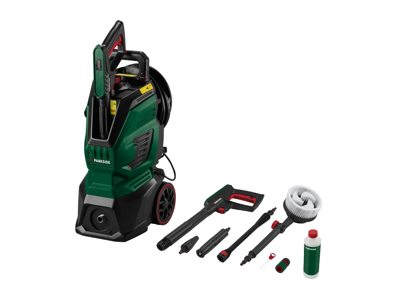 Green and black pressure washer with various attachments and a cleaning solution bottle.