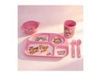 Pink children's dining set with Paw Patrol characters, including a bowl, plate, cup, fork, and spoon.