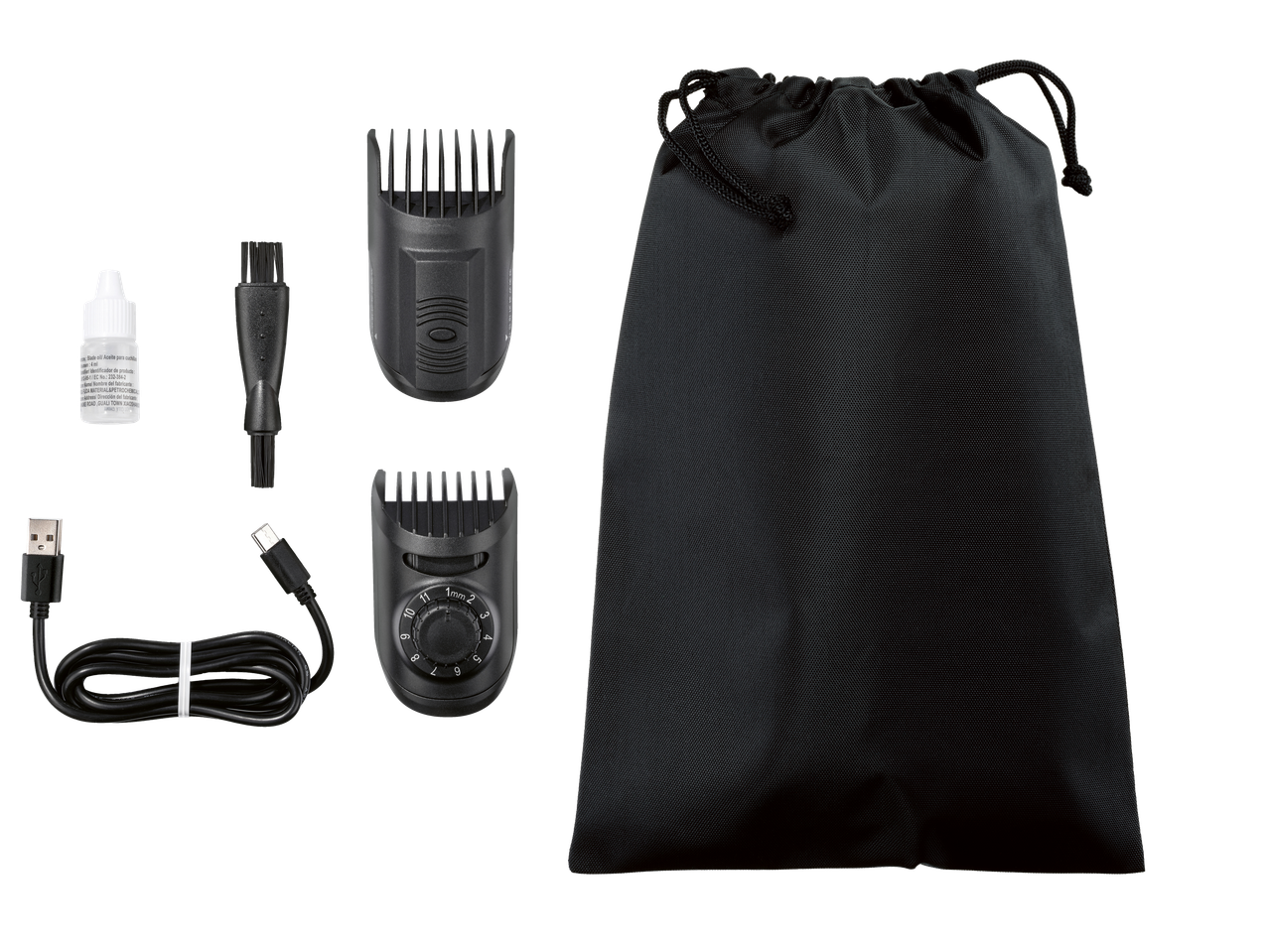 Beard trimmer kit with two comb attachments, charging cable, cleaning brush, oil, and storage bag.