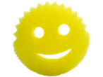 Een gele Scrub Daddy spons in de vorm van een smileygezicht.
