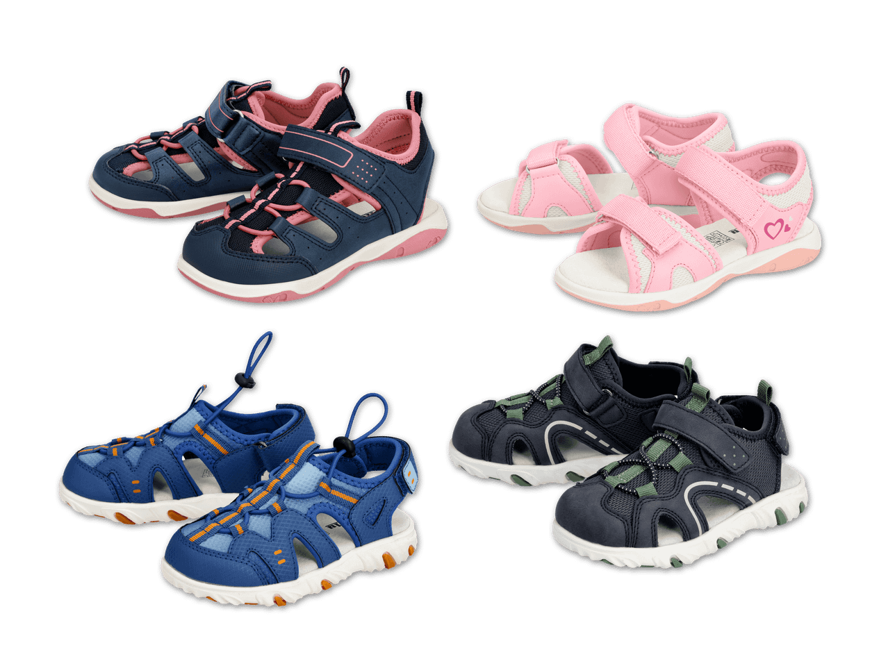 Vier Paar Kindersandalen: zwei Paar in Dunkelblau mit Pink, ein Paar in Pink und ein Paar in Dunkelblau mit Grün.