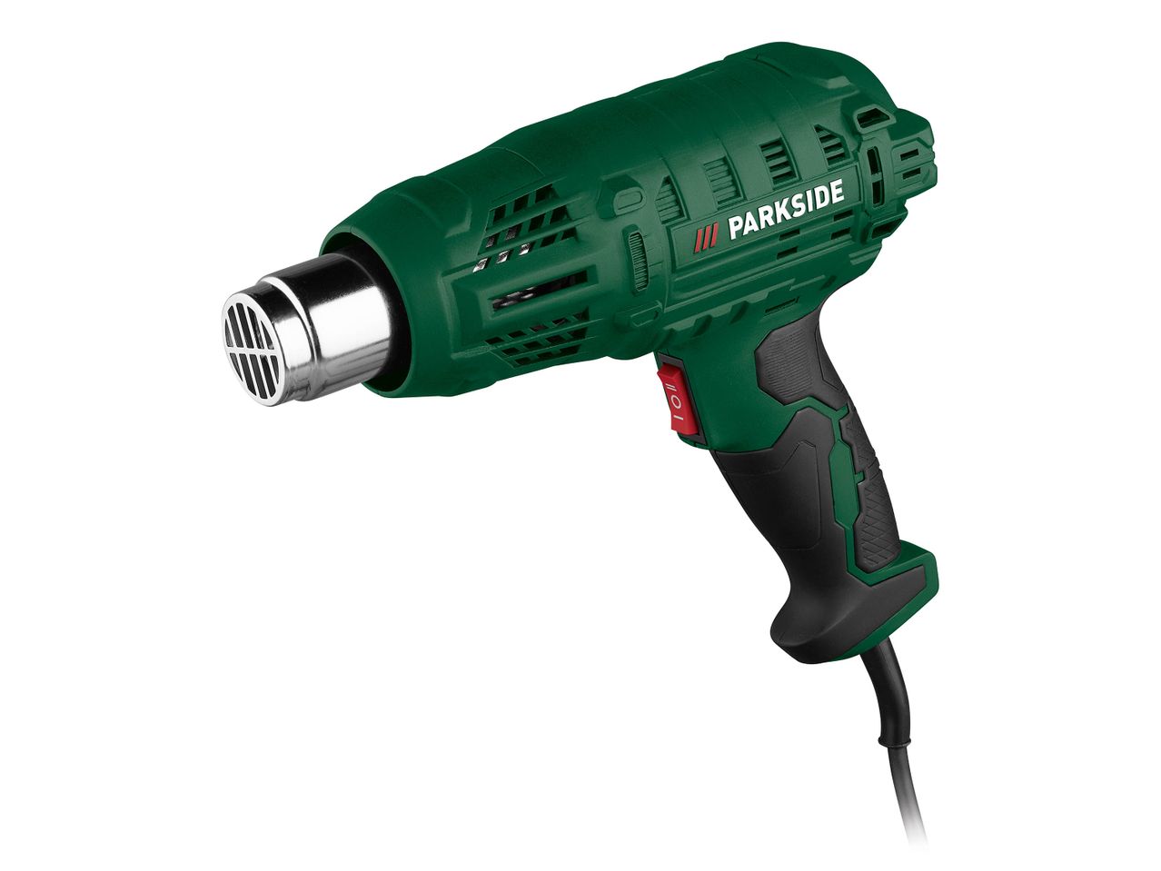 Un pistolet thermique Parkside vert, outillage électrique pour travaux de bricolage.
