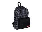 Black backpack with a pattern of comic book character faces and a red logo on the front pocket.