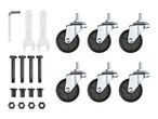 Set of six black caster wheels with bolts, nuts, and wrenches for assembly.