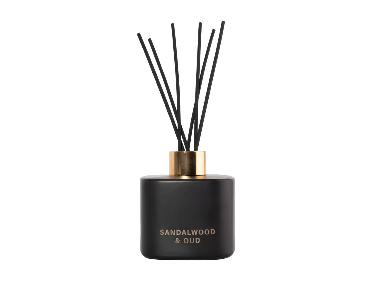 Sandalwood & Oud reed diffuser in a matte black bottle with a gold collar