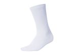 A single white sock, standing upright, with a ribbed cuff and smooth foot.