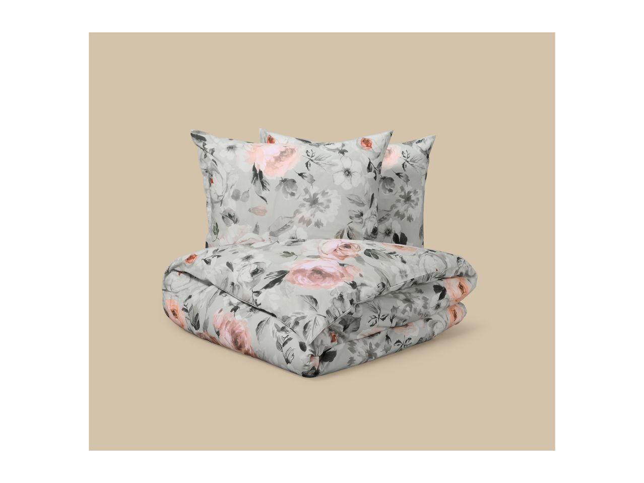 Floral duvet cover set with pillows in shades of grey and pink.