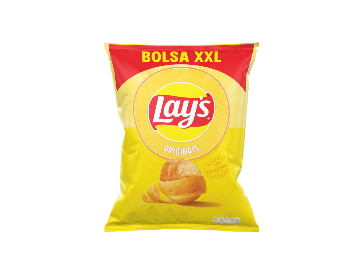 Um saco de batatas fritas de tamanho XXL com o logótipo da marca e a imagem de uma batata.