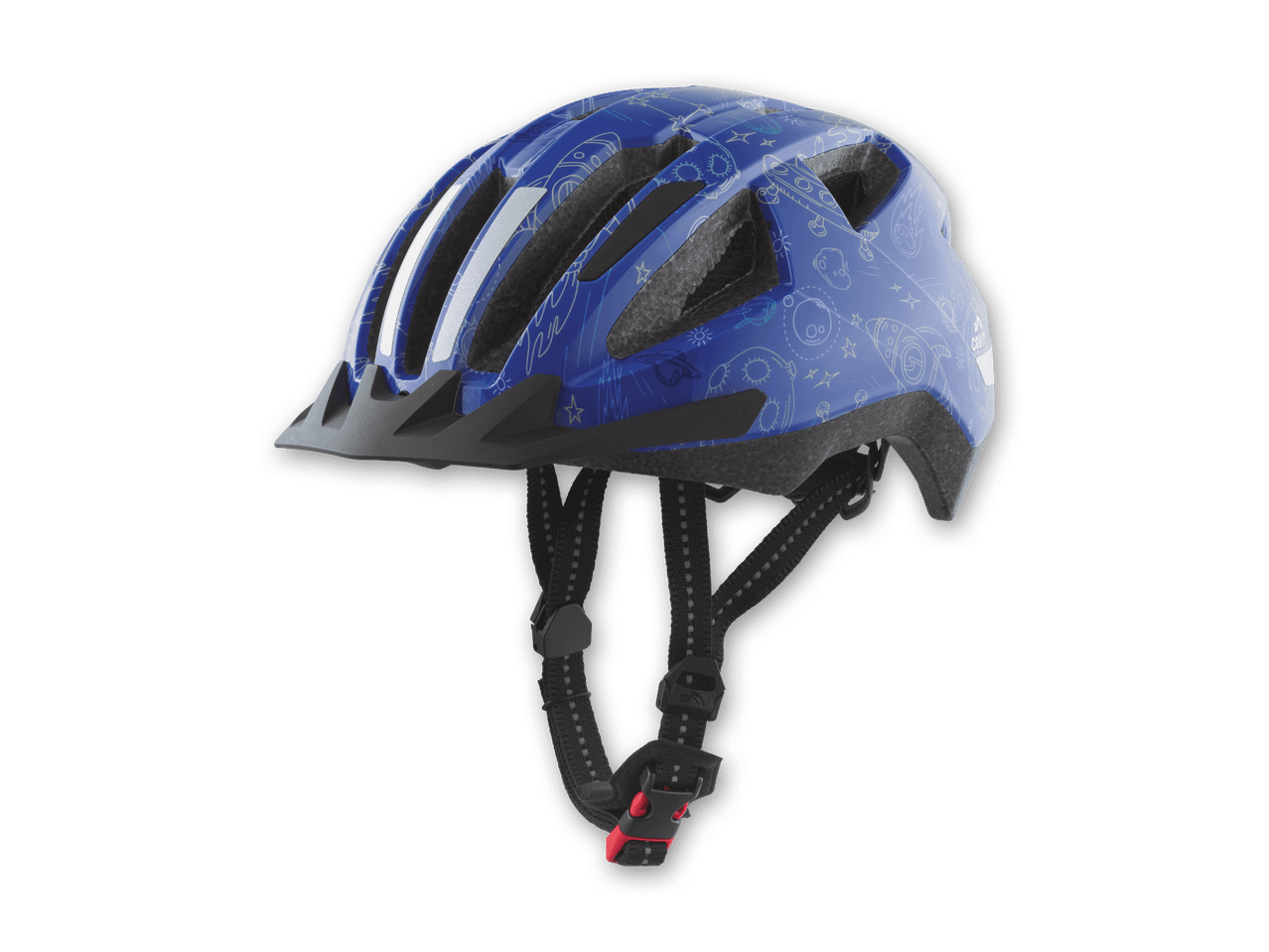 Blauer Kinderfahrradhelm mit Weltraum-Motiven und reflektierenden Streifen.