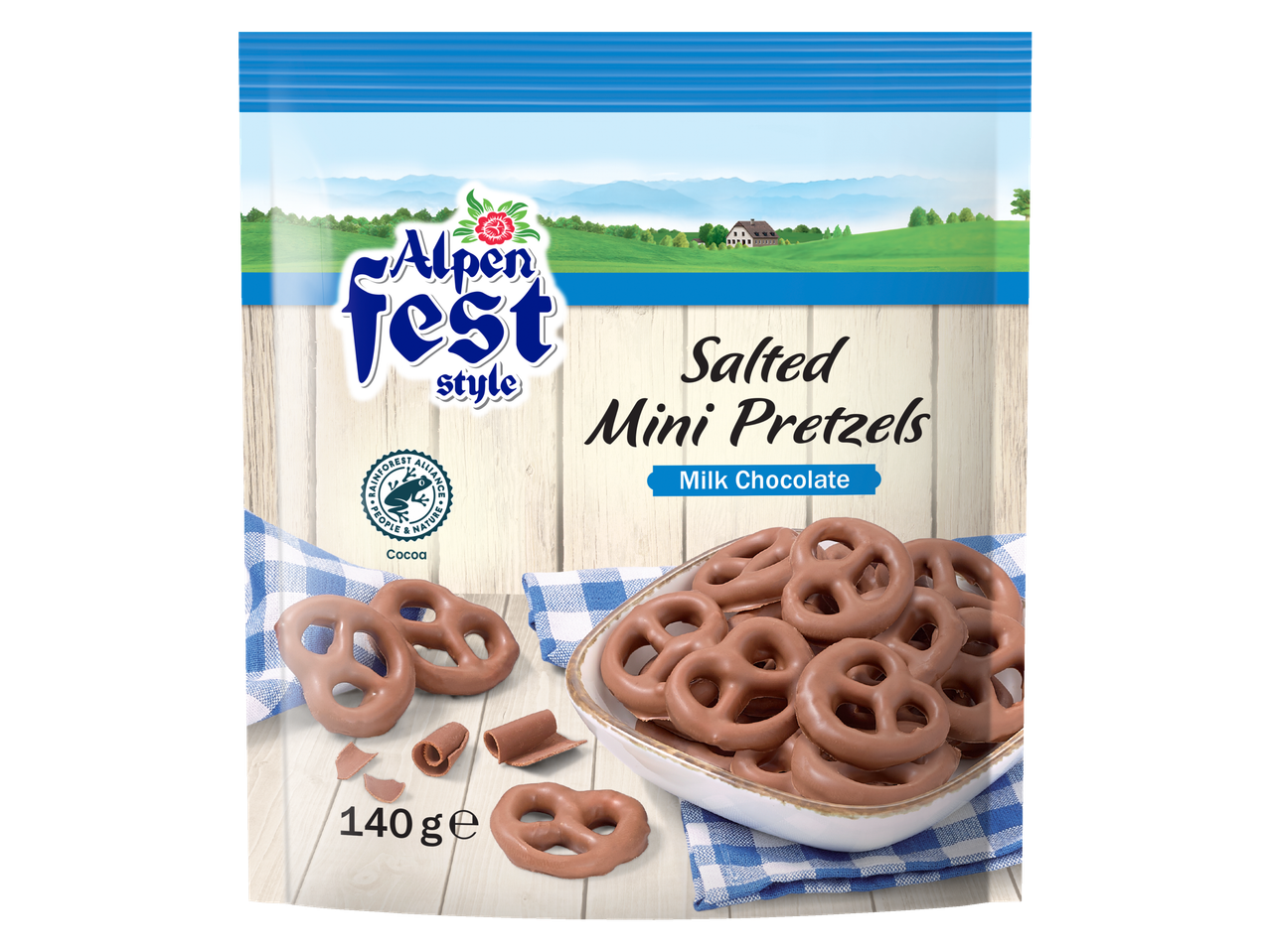 Alpenfest Salted Mini Pretzels met melkchocolade in een zak.