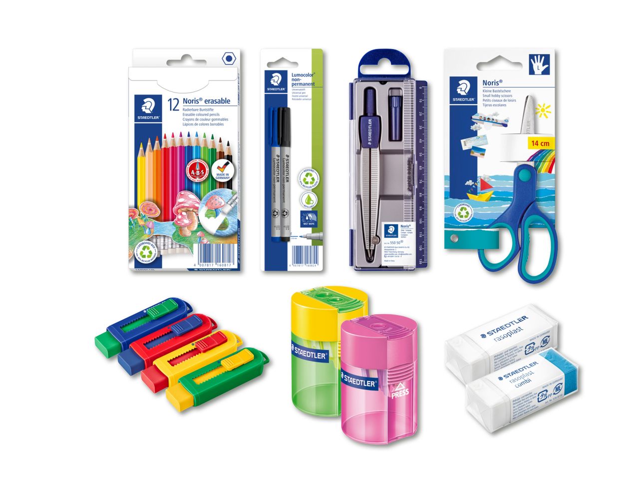 Staedtler zīmuļu, flomāsteru, cirkuļu, šķēru un asināmo komplekts skolēniem.