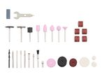 A set of rotary tool accessories including grinding stones, brushes, sanding bands, drill bits, and polishing pads.