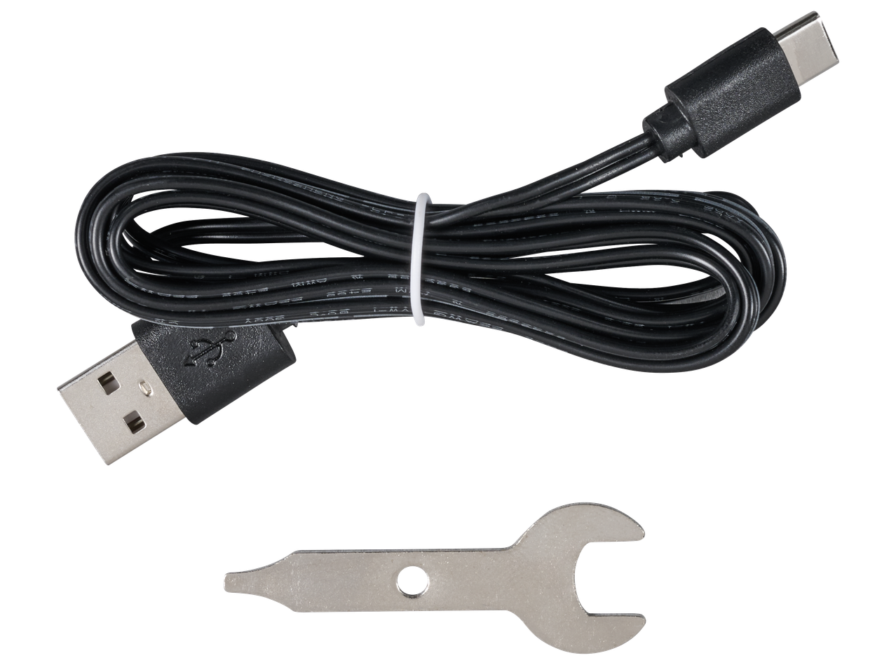 USB-C кабел за зареждане и малък гаечен ключ.