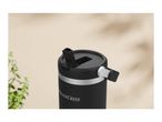 A black Silvercrest travel mug with a silver band and an open lid, on a light background.