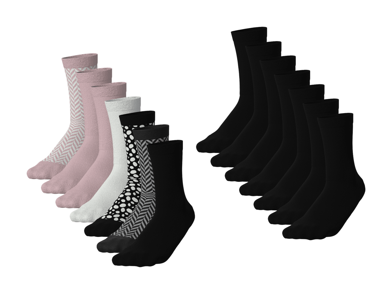 Lot de chaussettes noires unies et chaussettes roses, blanches et noires à motifs.