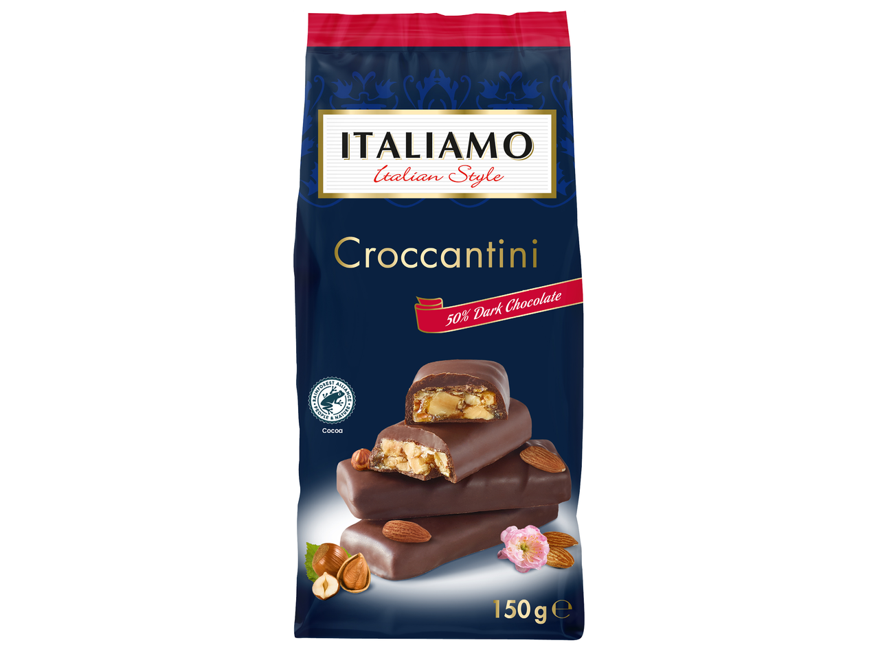 Тъмен шоколад с ядки, опакован в синя торбичка с надпис „Croccantini“.