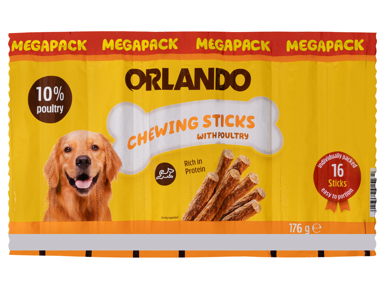 Orlando MegaPack Rágó pálcikák baromfival: 16 egyenként csomagolt pálcika, 10% baromfi, magas fehérjetartalom.