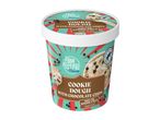 Cookie dough with chocolate chips in a tub, ready to eat.