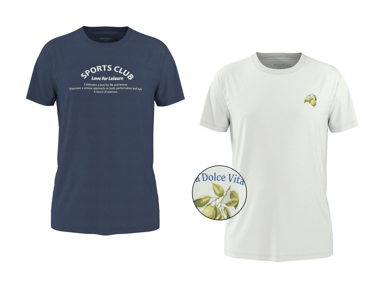 Zwei T-Shirts: ein blaues mit 'SPORTS CLUB'-Aufdruck und ein weißes mit Zitronenmotiv und 'Dolce Vita'.