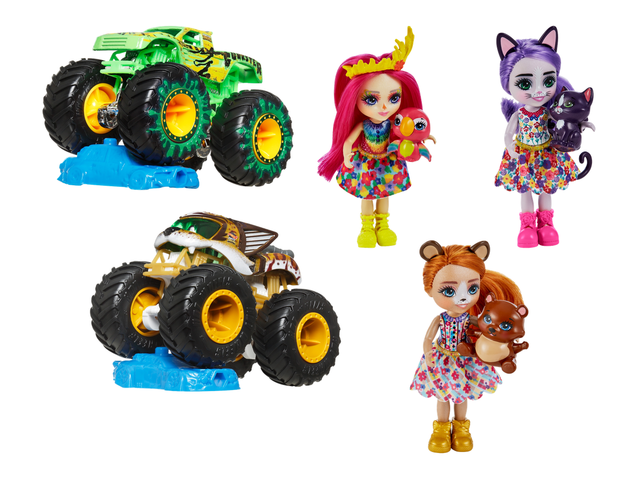 Monster Trucks ja Naperot-nukkeja; hauska leikkiseura!